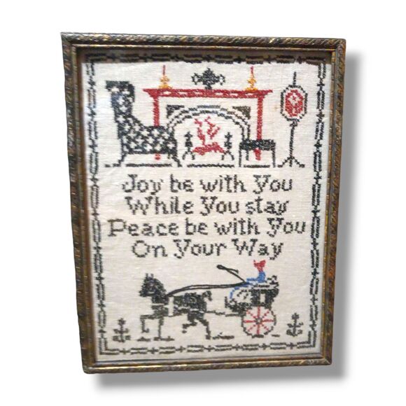 Antique Framed Cross Stitch Sampler-Joy Be With You-Folkart-Needlepoint-Primitve - Picture 1 of 8